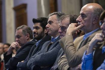 Álvaro Delgado, Andrés Ojeda, Yamandú Orsi, Guido Manini Ríos, y Pablo Mieres (archivo, agosto de 2024). · Foto: Rodrigo Viera Amaral