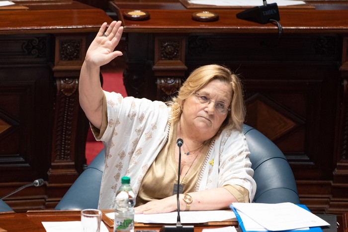 Graciela Bianchi, el 27 de enero, durante el acto homenaje por el Día Internacional de Conmemoración anual en memoria de las víctimas del holocausto y el aniversario por los 80 años de la liberación de los prisioneros de Auschwitz, en el Parlamento. · Foto: Gianni Schiaffarino