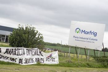 Acceso al Establecimiento Colonia, frigorífico del Grupo Marfrig (archivo, febrero de 2025). · Foto: Ignacio Dotti