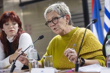 Tamara Savio y Lilián Abracinskas, el 10 de julio, en el anexo del Palacio Legislativo. · Foto: Rodrigo Viera Amaral