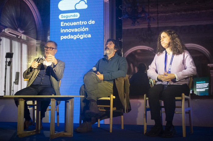 Bruno Gili, Antonio Romano y Fiorella Haim, el 22 de julio, en el segundo encuentro de Inovacion pedagógica organizado por ANEP y Ceibal. · Foto: Alessandro Maradei