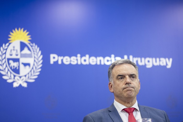 El presidente Yamandú Orsi, este miércoles, durante la conferencia en Torre Ejecutiva. · Foto: Rodrigo Viera Amaral