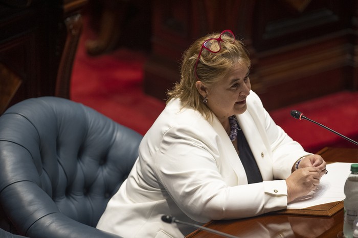 Sandra Lazo, el 10 de diciembre, durante la interpelación en la Cámara de Senadores. · Foto: Gianni Schiaffarino