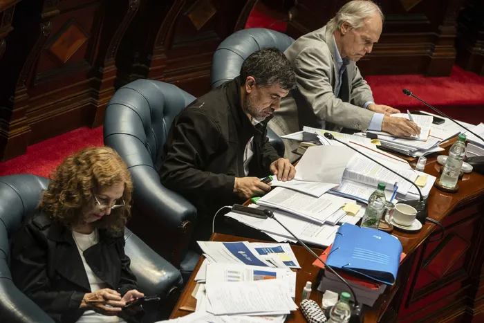 Constanza Moreira, Óscar Andrade y Daniel Borbonet, en la Cámara de Senadores (archivo, 2025). · Foto: Inés Guimaraens