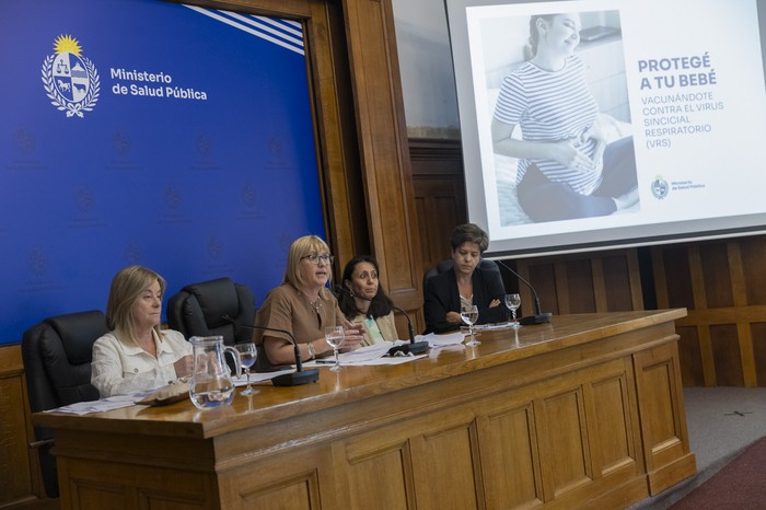 Catalina Pírez, Cristina Lustemberg, Nataly Rodriguez y Fernanda Nozar en el salón de actos del ministerio. · Foto: Rodrigo Viera Amaral
