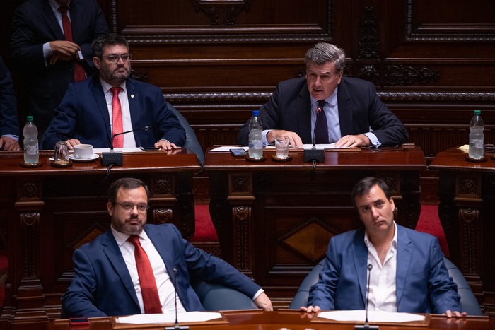 Adrián Juri, Pedro Bordaberry, Felipe Schipani y Conrado Rodríguez, el 27 de enero, durante la Comisión Permanente en el Palacio Legislativo. · Foto: Gianni Schiaffarino