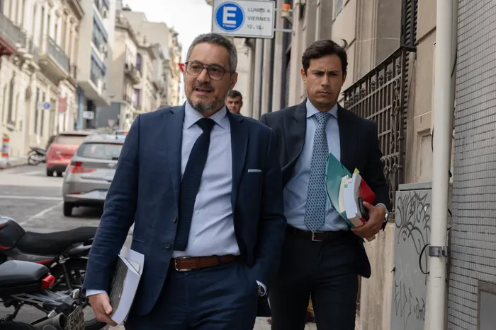 Pablo Donnángelo y Eduardo Sasson concurren a la audiencia de Conexión Ganadera en el juzgado de Juan Carlos Gomez (archivo, febrero de 2026). · Foto: María Vivanco