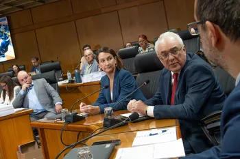 Valeria Csukasi y Mario Lubetkin, el 17 de febrero, en la comisión especial del Senado que trata el acuerdo entre el Mercosur y la Unión Europea, en el edificio anexo del Palacio Legislativo. · Foto: Martin Hernández Müller