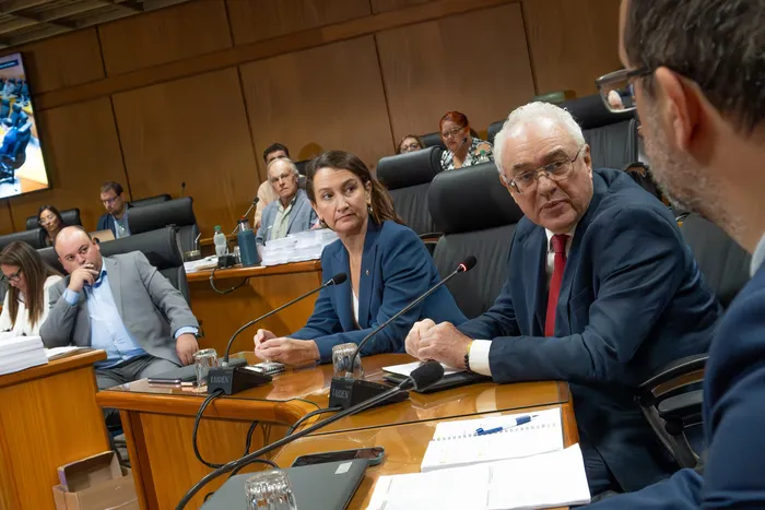 Valeria Csukasi y Mario Lubetkin, el 17 de febrero, en la comisión especial del Senado que trata el acuerdo entre el Mercosur y la Unión Europea, en el edificio anexo del Palacio Legislativo. · Foto: Martin Hernández Müller