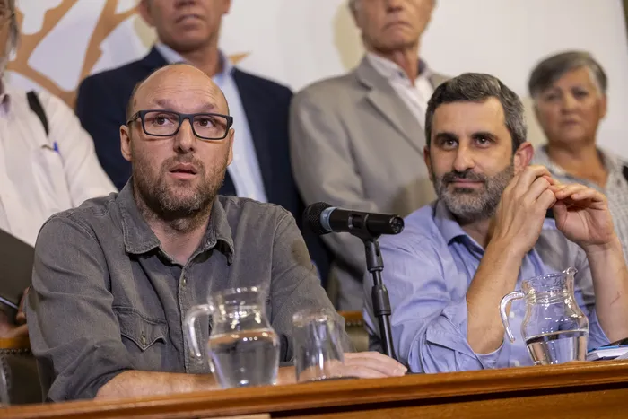 Sebastian Sabini y Daniel Caggiani, el 20 de febrero, en conferencia de prensa en el Palacio Legislativo. · Foto: Rodrigo Viera Amaral