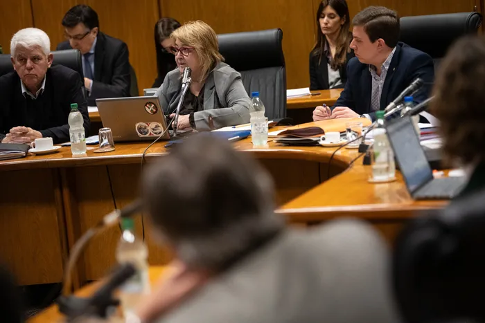 Eduardo Brenta, Sandra Lazo y Joaquín Garlo, el 3 de agosto, en la comisión investigadora de Cardama, en el Parlamento. · Foto: Gianni Schiaffarino