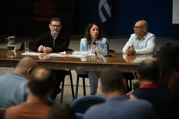 Danilo Dárdano, Fernanda Cardona y Marcelo Abdala, el 14 de octubre, en la sede del PITCNT · Foto: Gianni Schiaffarino