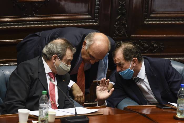 Raúl Lozano, Guillermo Domenech y Guido Maníni Ríos, durante una sesión en la Cámara de Senadores (archivo, abril de 2020). · Foto: Federico Gutiérrez