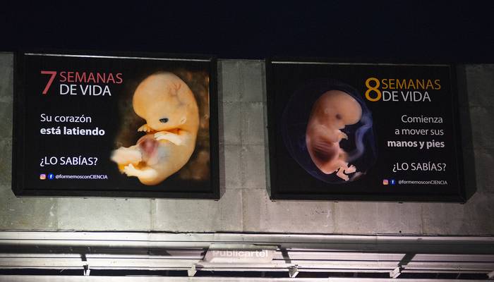 Carteles con embriones, este jueves, en Av. Italia y Br, Batlle y Ordóñez. · Foto: Alessandro Maradei