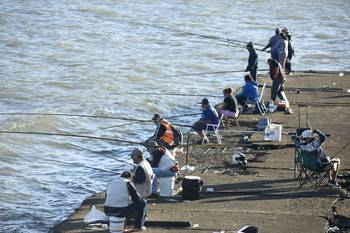 Pescadores en la escollera Sarandí.  · Foto: Federico Gutiérrez