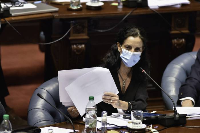 Azucena Arbeleche, el 6 de junio de 2021, durante la interpelación en el Parlamento. · Foto: Federico Gutiérrez
