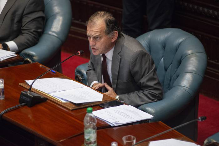 Guido Manini Ríos, en la Cámara de Senadores, durante la votación de la Ley Forestal (archivo, diciembre de 2021). · Foto: .