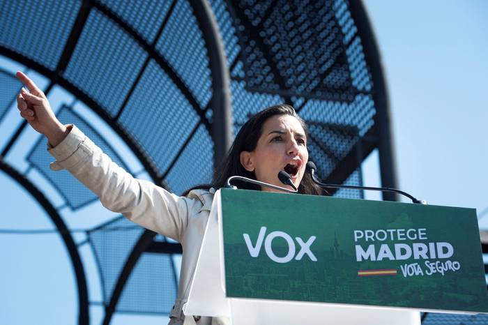 Rocío Monasterio durante un acto de campaña para las elecciones a la Comunidad de Madrid, de 18 de abril. Foto: Luca Piergiovanni, EFE