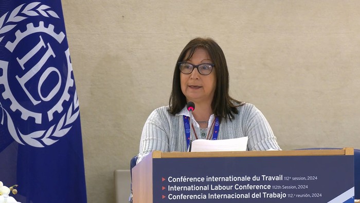 Elbia Pereira, el 11 de junio, durante su discurso en la 112.ª reunión de la Conferencia Internacional del Trabajo. Foto: captura.