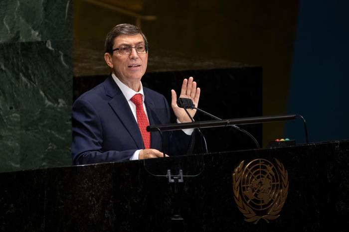 El canciller de Cuba, Bruno Rodríguez, durante su discurso ante la Asamblea General de las Naciones Unidas reclamando el fin del embargo impuesto a su país por Estados Unidos. Foto: Efe/Eskinder Debebe/ONU