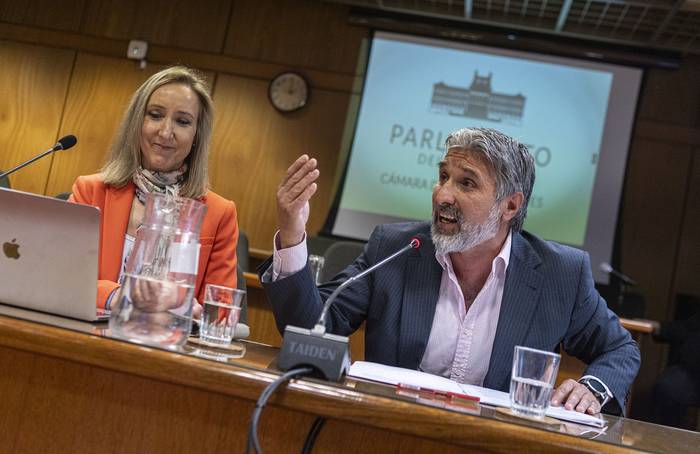 Bárbara Mainzer y Gustavo Trelles, de la Asociación de Bancos Privados, en la Comisión de Legislación del trabajo y Seguridad Social de Diputados (09.10.2023). · Foto: Ernesto Ryan