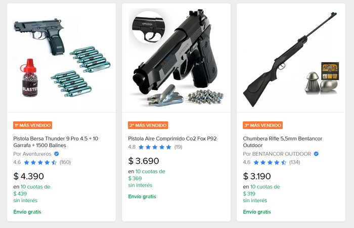 Venta de armas de aire comprimido en Mercadolibre.