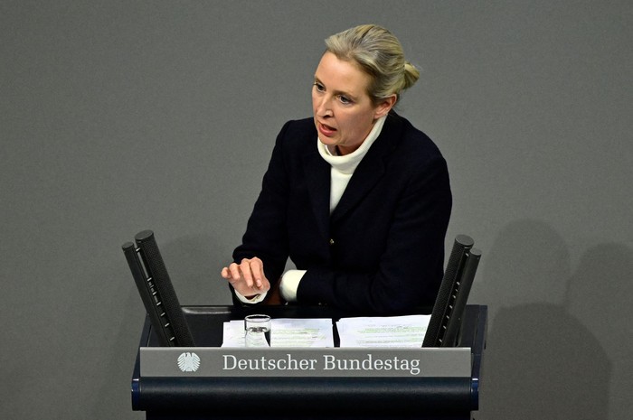 Alice Weidel, colíder del partido ultraderechista Alternativa para Alemania, durante una sesión en el Bundestag, la cámara baja del Parlamento, el 29 de enero, en Berlín. · Foto: John MacDougall / AFP