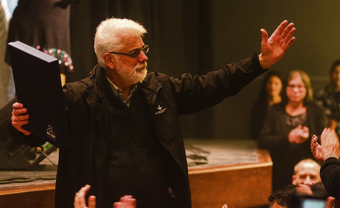 Óscar López, dirigente portuario homenajeado en la apertura del Congreso del PIT - CNT. 
 · Foto: Alessandro Maradei