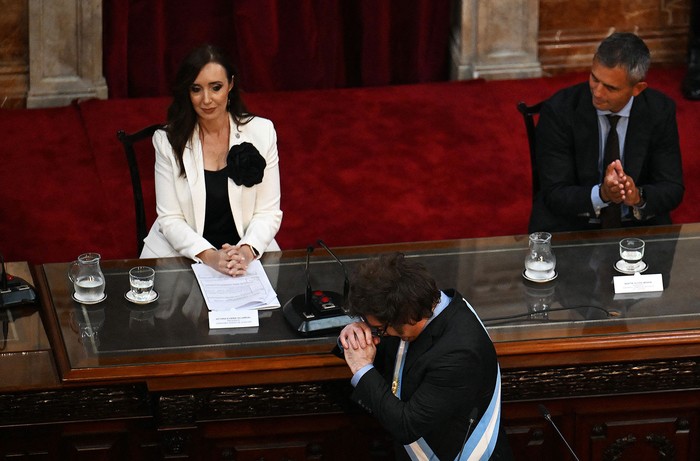 Victoria Villaruel y Javier Milei durante la inauguración del período ordinario de sesiones del Congreso, el 1 de marzo de 2025. · Foto: Luis Robayo, AFP