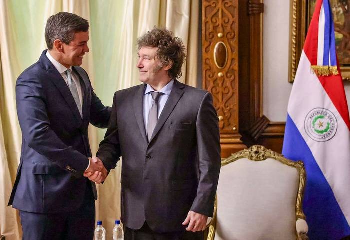 Santiago Peña, presidente de Paraguay, y Javier Milei, presidente de Argentina, el 14 de febrero, en la Casa Rosada, en Buenos Aires.
Foto: facebook de Santiago Peña, AFP