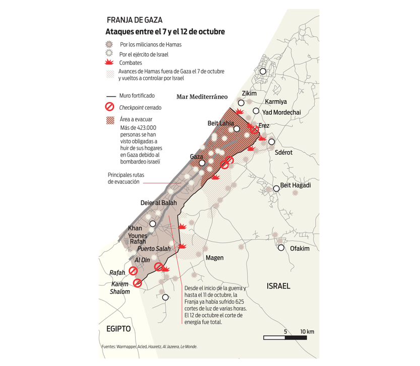 Franja de Gaza, ataques entre el 7 y el 12 de octubre