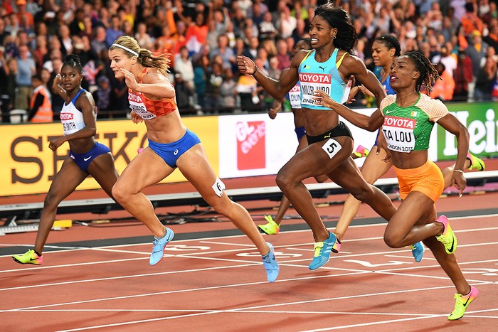 Dafne Schippers, de Holanda, ganó la medalla de oro en 200 metros llanos; la medalla de plata fue para Marie-Josée Ta Lou, de Costa de Marfil, y la de bronce para Shaunae Miller-Uibo, de Bahamas. Foto: Kirill Kudryavtsev, Afp