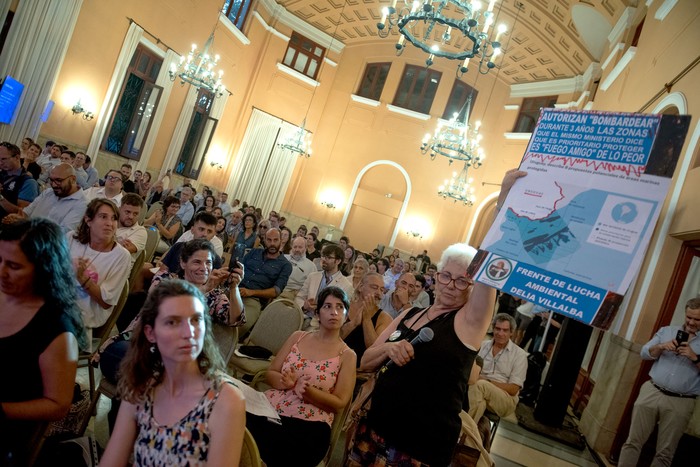 Corina Devitta Decuadra, del Frente de Lucha Ambiental Delia Villalba, el 13 de febrero, durante la audiencia pública por prospección sísmica _offshore_. · Foto: Gianni Schiaffarino