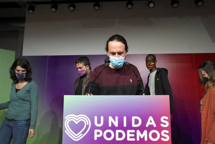 El líder de Unidas Podemos y candidato a la presidencia de la Comunidad de Madrid, Pablo Iglesias, comparece ante los medios tras conocer los resultados de las elecciones.
 · Foto: Kiko Huesca, EFE