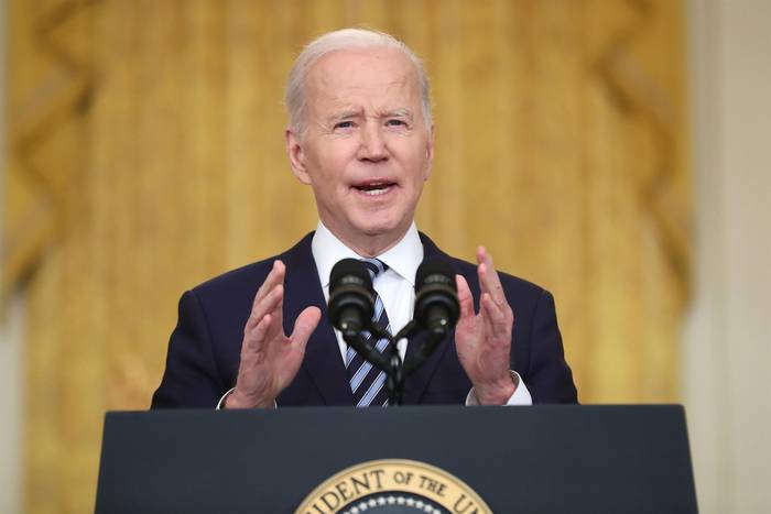 El presidente de Estados Unidos Joe Biden en conferencia de prensa sobre la invasión de Rusia a Ucrania, este 24 de febrero, en Washington. · Foto: Michael Reynolds, Efe