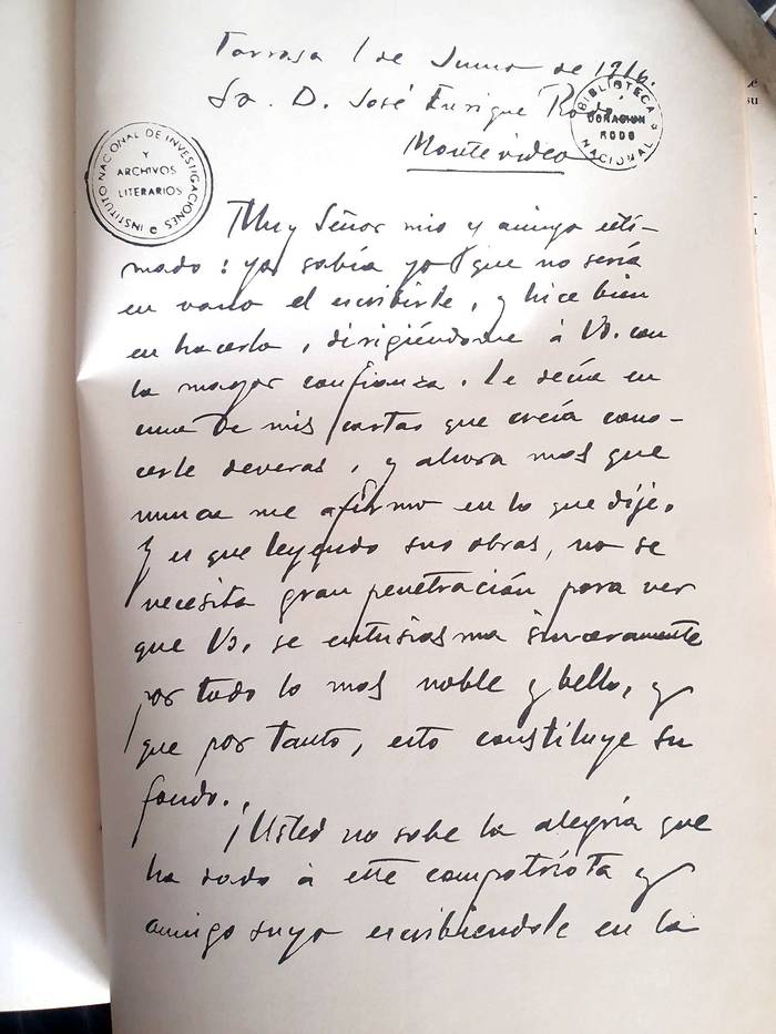 Facsímil de una carta de Torres García a Rodó fechada el 1° de junio de 1916.