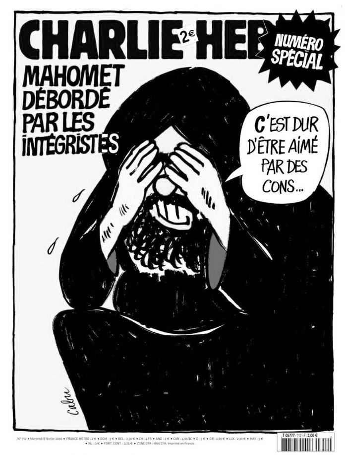 Portada de la edición del 8 de febrero de 2007 de Charlie Hebdo, la revista satírica francesa que, tras reiteradas amenazas por sus caricaturas, ayer recibió un ataque que causó la muerte de doce personas.
El título dice “Mahoma desbordado por los fundamentalistas”, y el globo, “Es duro ser amado por imbéciles...”.