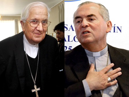 Mons. Alejandro Goic Karmelic (izq), obispo de Rancagua y Mons. Horacio del Carmen Valenzuela (der), obispo de Talca, acusados junto con otros religiosos de encubrir denuncias de abuso sexual en Chile. El Papa Francisco aceptó sus dimisiones a fines de junio.
· Foto: Jorge Loyola / José Robles, Aton, AFP Mons. Alejandro Goic Karmelic (izq), obispo de Rancagua y Mons. Horacio del Carmen Valenzuela (der), obispo de Talca, acusados junto con otros religiosos de encubrir denuncias de abuso sexual en Chile. El Papa Francisco aceptó sus dimisiones a fines de junio.
· Foto: Jorge Loyola / José Robles, Aton, AFP