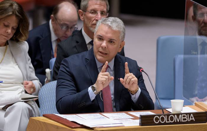 Iván Duque Márquez en la reunión del Consejo de Seguridad sobre la situación en Colombia, el martes, en Nueva York. · Foto: Manuel Elías, ONU, AFP