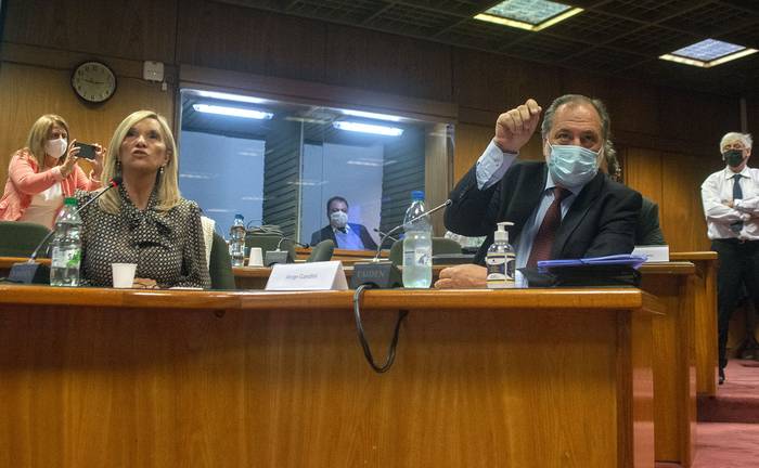 Beatriz Argimón y Jorge Gandini, en la Comisión Multipartidaria de seguimiento del Covid, este martes, en el Anexo del Palacio Legislativo. · Foto: Alessandro Maradei