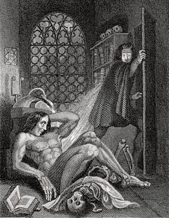 Grabado para una edición de Frankenstein de 1831. Representa a Victor Frankenstein huyendo del ser que creó.