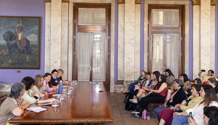 Laura Barceló, Soledad González, Silvia Nane, Victoria Brückner, Carolina Ferrari y Sandra Mattos, en el conversatorio  sobre violencia sexual, en el Palacio Legislativo. · Foto: Ernesto Ryan