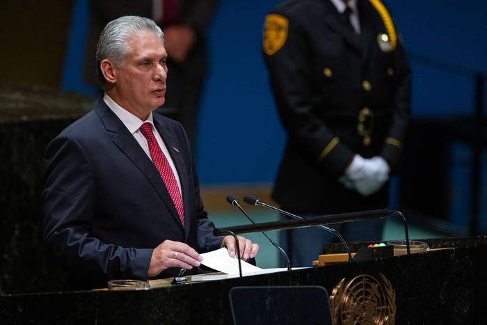 Miguel Díaz-Canel, presidente de Cuba, en la Asamblea General de las Naciones Unidas, el 19 de setiembre, en Nueva York. · Foto: Adam Gray, Getty Images, AFP