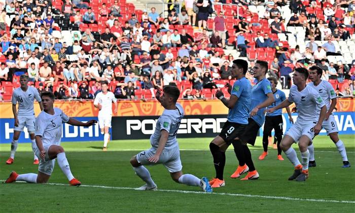 Darwin Núñez, de Uruguay, convierte el primer gol del partido ante Nueva Zelanda, en el tercer partido del grupo C del Mundial sub 20 de Polonia. Fuente: AUF.