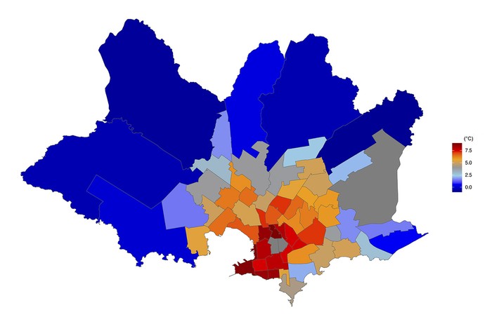 Diferencias de temperatura superficial por barrios respecto a zonas poco urbanizadas (2017–2022)