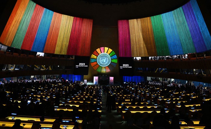 Sesión inaugural de la segunda Cumbre sobre los ODS, el 18 de setiembre de 2023, en Nueva York. · Foto: Timothy A. Clary, AFP