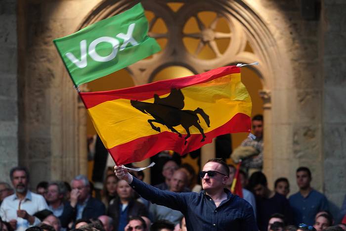 Partidarios de Santiago Abascal, durante un acto del partido Vox, el 14 de abril, en Burgos.
 · Foto: César Manso