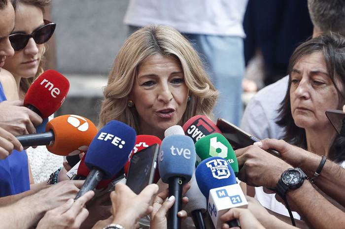 Yolanda Díaz, líder de la coalición Sumar, el 23 de julio en Madrid. · Foto: Sergio Pérez, EFE