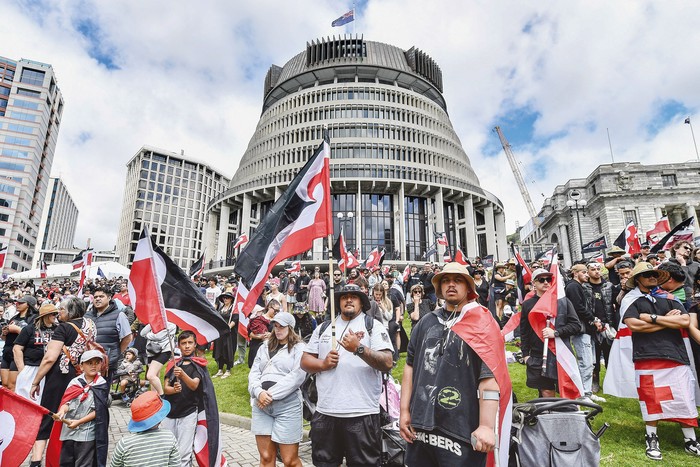 Manifestación contra una propuesta legislativa acusada de avivar las divisiones raciales en Nueva Zelanda, frente al parlamento en Wellington, el 19 de noviembre de 2024. · Foto: Sanka Vidanagama, AFP