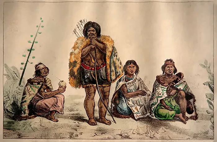 Grabado _Los últimos charrúas_, atribuido a Arthur Onslow, que promocionaba su “exhibición” en París en 1833. No se corresponde con ningún relato sobre cómo lucían los charrúas. · Foto: Museo Histórico Cabildo de Montevideo